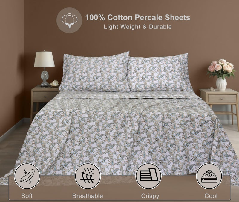 ZOYER 100% Cotton Sheets - Cooling & Crisp Full Size Percale Bed Sheets  16"" Deep Pockets Full Bedding Set  Lightweight & Breathable  Durable  4 Pieces  Paisley Ornamental - Image 3